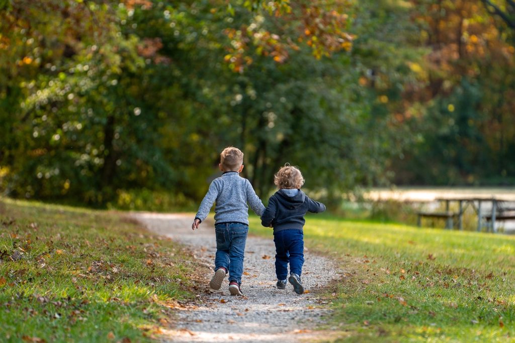 Boys running down a path, hand in hand, autumn leaves