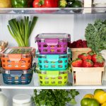 an open fridge showing well organised and healthy food